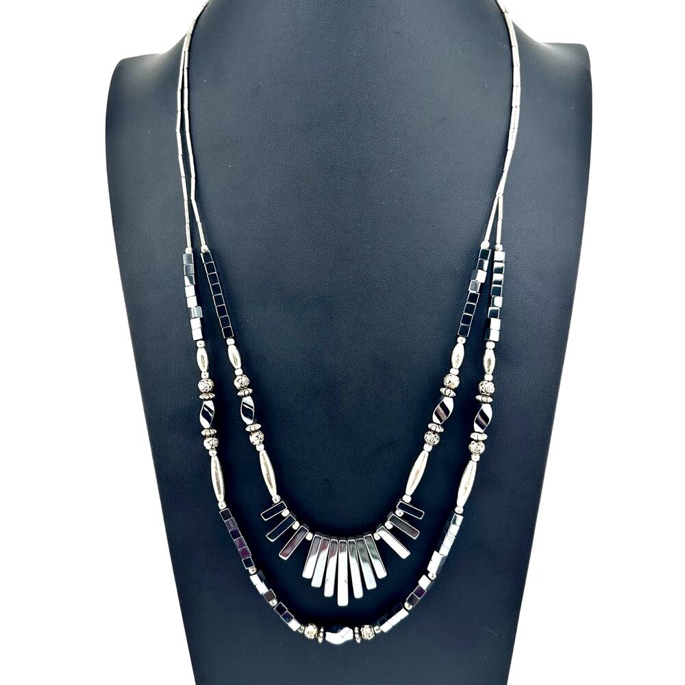 Vintage Gray Hematite Beaded Double Strand Fringe Silver Tone 26" Necklace